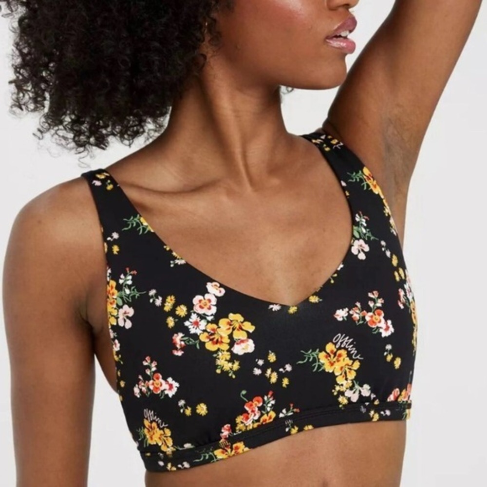 Offline by Aerie Goals Plunge Sports Bra Black Floral Medium Support Mesh Back L